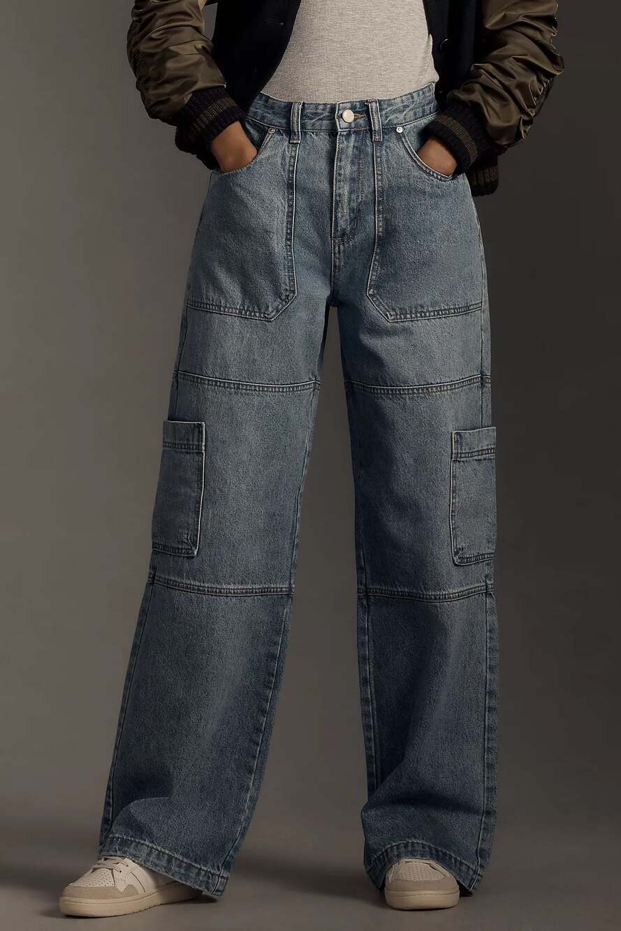 AVEC LES FILLES High-Rise Wide-Leg Cargo Denim Jeans Size 29